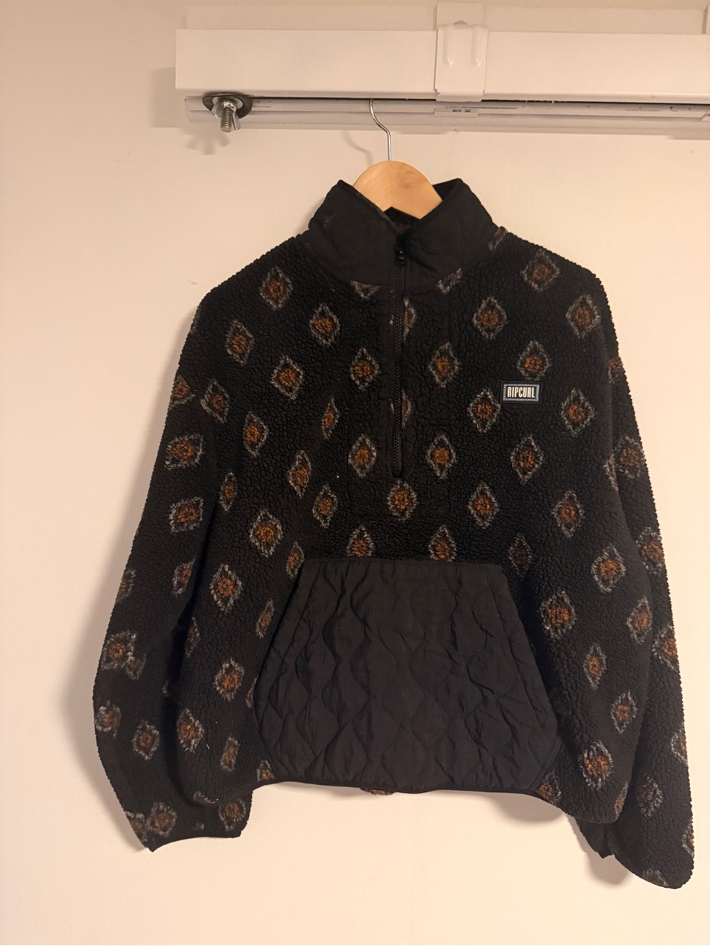 Rip Curl Black Sherpa Pullover with Brown Pattern Accents